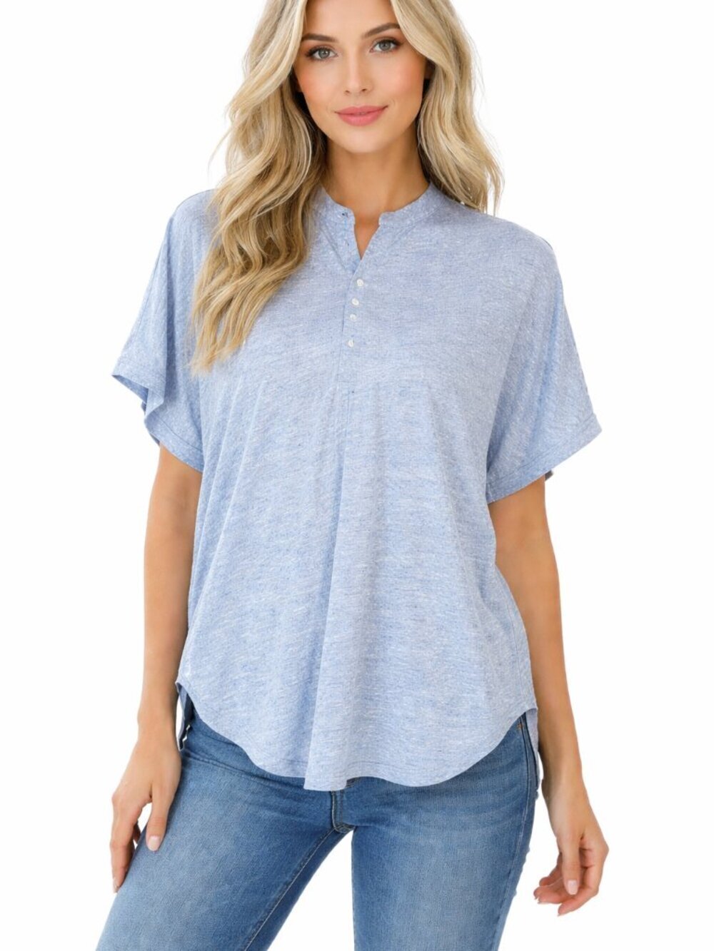 J McLaughlin Henley Popover Top Blue Heathered Size Medium Short Sleeve Coastal